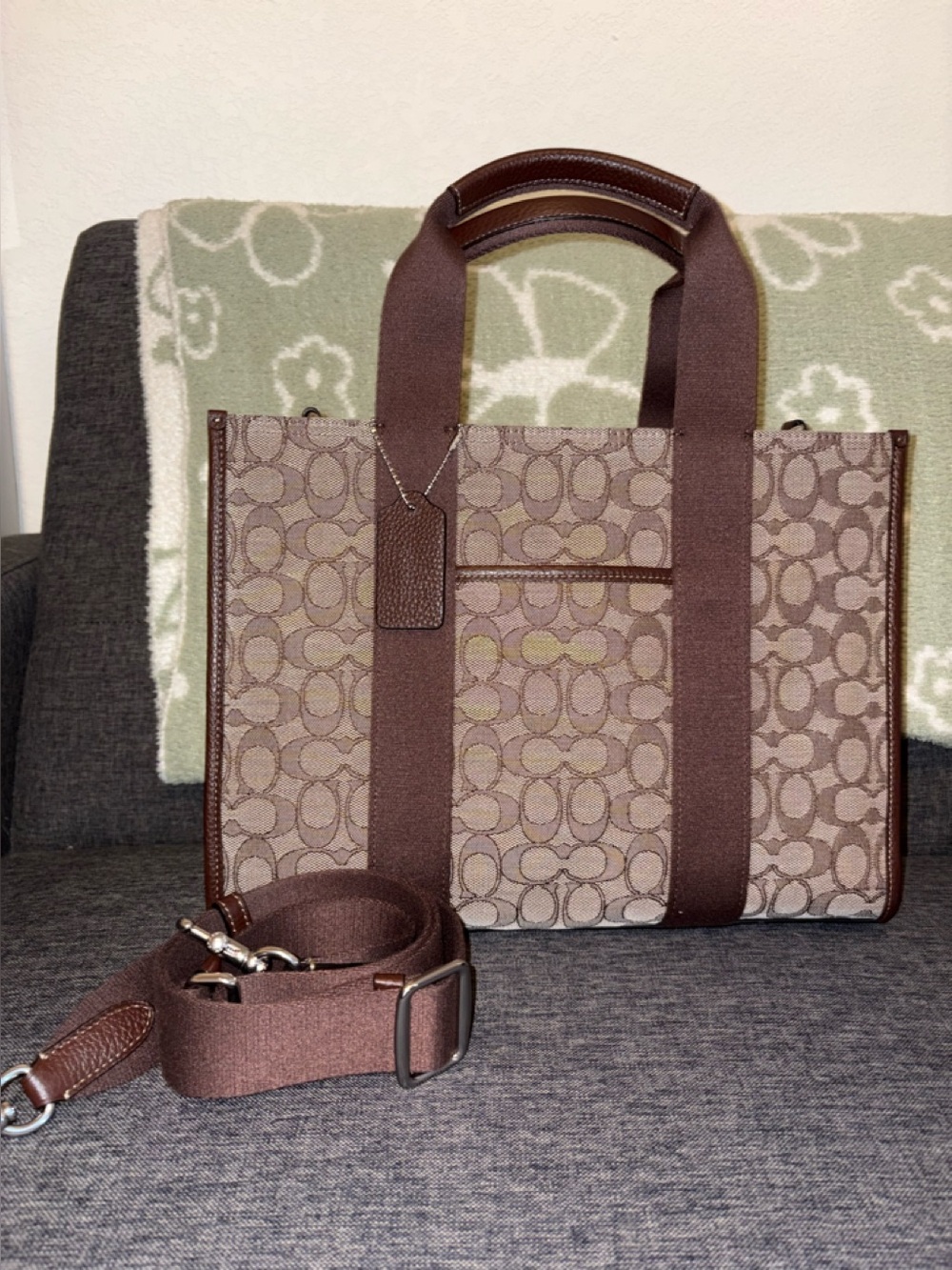 Coach Brown Signature Canvas Tote with Leather Trim - Picture 3 of 4